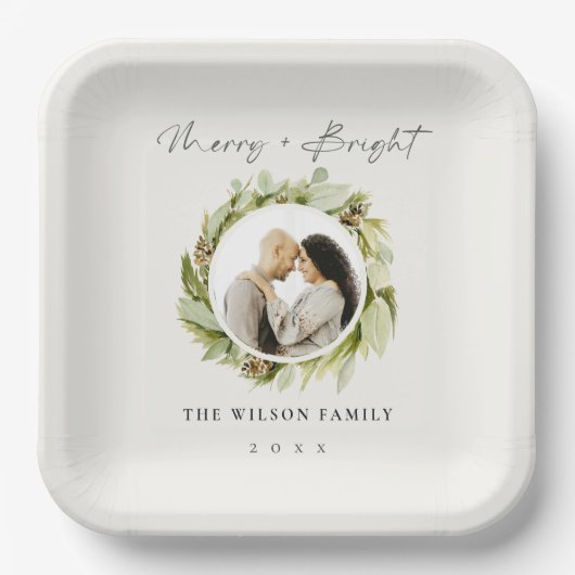 Winter Wreath Merry & Bright FotoKerstmis Papieren Bordje (Voorkant)