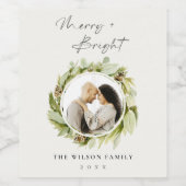 Winter Wreath Merry & Bright FotoKerstmis Wijn Etiket (Enkel label)