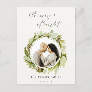 Winter Wreath Merry & Bright kerstfoto Feestdagenkaart