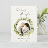 Winter Wreath Merry & Bright kerstfoto Feestdagenkaart (Staand voorkant)