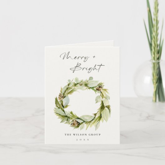 Winter Wreath Merry & Bright Kerstmis Logo Feestdagen Kaart (Voorkant)
