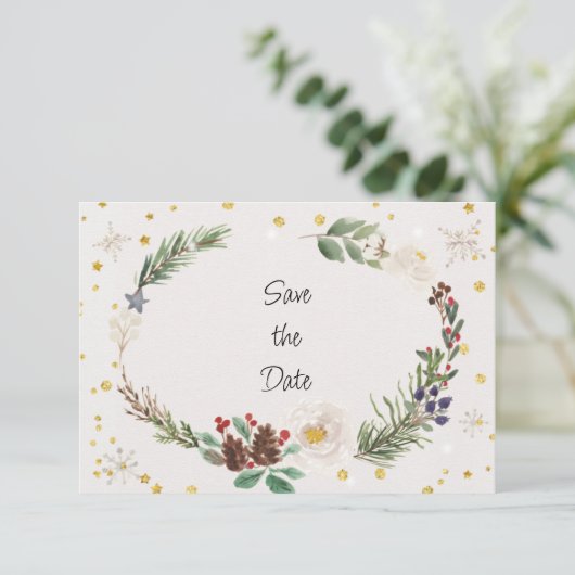 Winter Wreath of Pine Cones and Holly Save The Date (Staand voorkant)