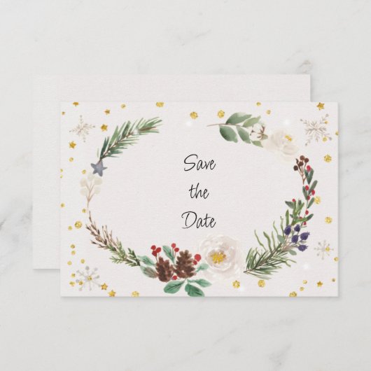 Winter Wreath of Pine Cones and Holly Save The Date (Voorkant / Achterkant)