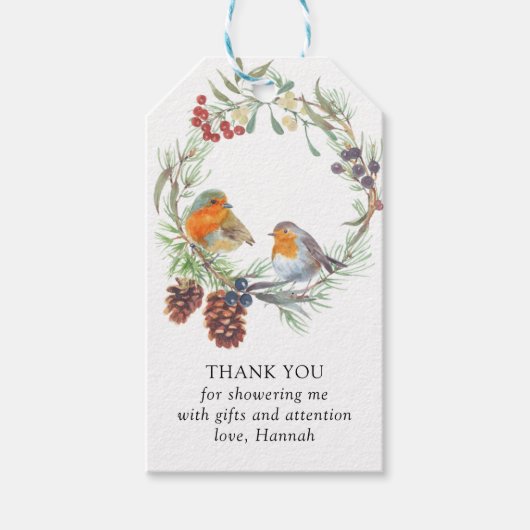 Winter Wreath Robin Mistletoe en Pine Dank u Cadeaulabel (Voorkant)