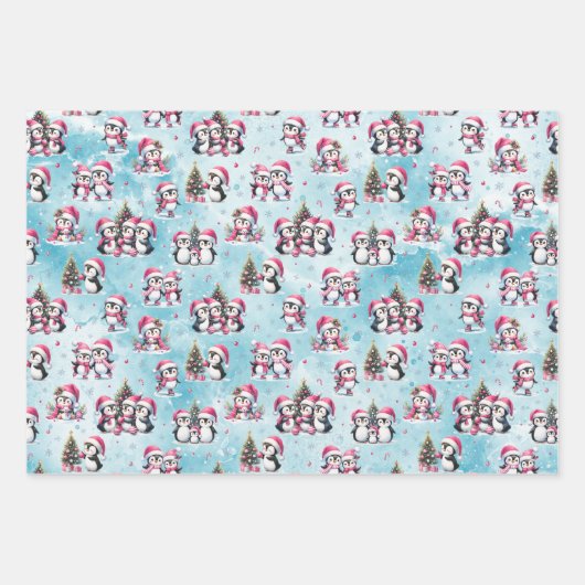 Winter Xmas Blauw en Roze Schattigee Pinguïn Kerst Inpakpapier Vel (Voorkant 2)