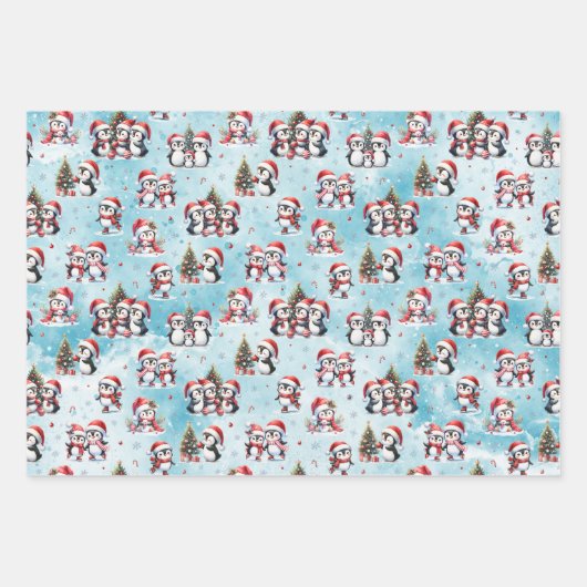 Winter Xmas Blauwe en Rode Schattigee Pinguïns Ker Inpakpapier Vel (Voorkant)