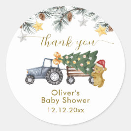 Winter X'mas Tree Tractor Bear Baby Shower  Ronde Sticker