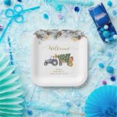 Winter X'mas Tree Tractor Bear Baby Shower Welcome Papieren Bordje (Feest)