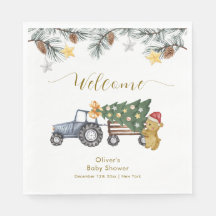 Winter X'mas Tree Tractor Bear Baby Shower Welcome