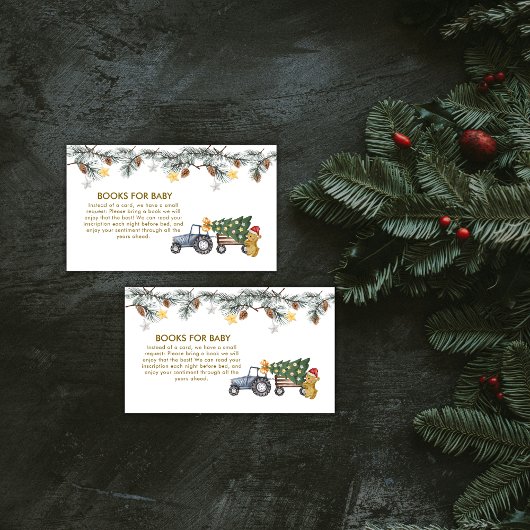 Winter X'mas Tree Tractor Bear Books Baby Shower Informatiekaartje