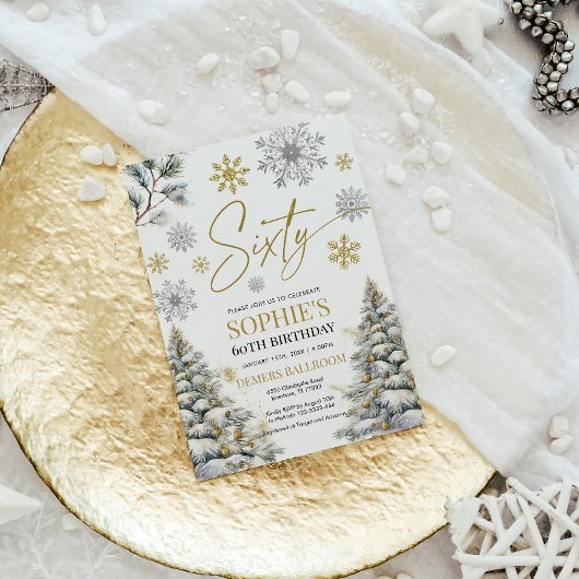 Winter Zestig Verjaardag Uitnodiging Goud en Zilve