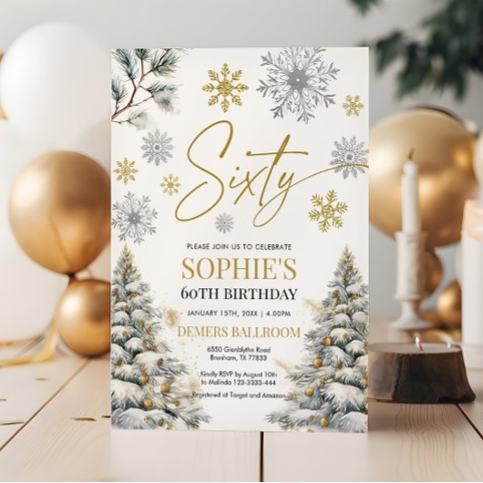 Winter Zestig Verjaardag Uitnodiging Goud en Zilve