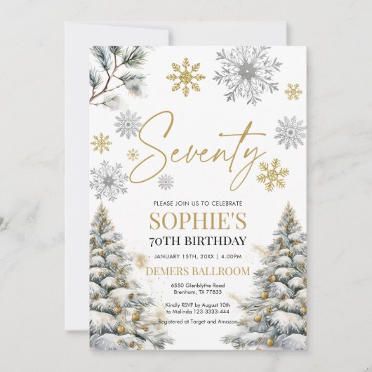 Winter Zeventig Verjaardag Uitnodiging Goud en Zil (Voorkant)