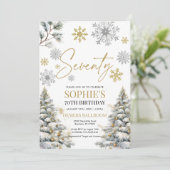 Winter Zeventig Verjaardag Uitnodiging Goud en Zil (Staand voorkant)