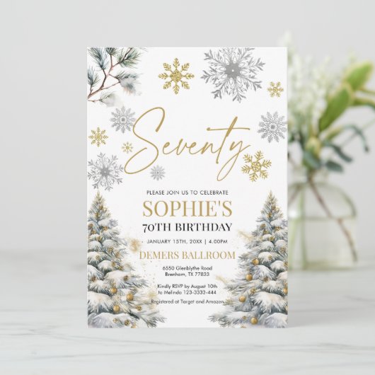 Winter Zeventig Verjaardag Uitnodiging Goud en Zil (Staand voorkant)