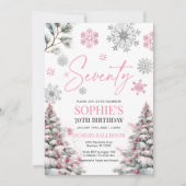 Winter Zeventig Verjaardag Uitnodiging, Roze Winte Kaart (Voorkant)