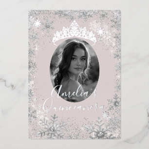 Winter Zilver Beige Sneeuwvlok Foto Quinceanera Folie Uitnodiging