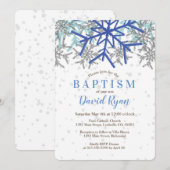 Winter Zilver Marineblauw Sneeuwvlok Doop Uitnodig Kaart (Voorkant / Achterkant)