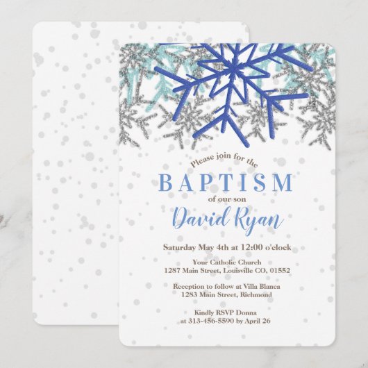 Winter Zilver Marineblauw Sneeuwvlok Doop Uitnodig Kaart (Voorkant / Achterkant)