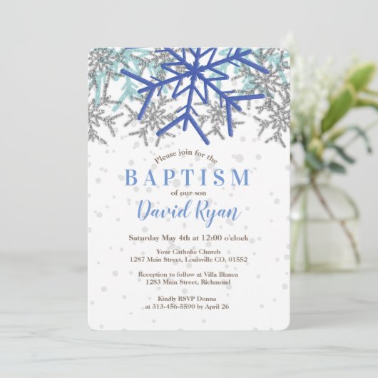 Winter Zilver Marineblauw Sneeuwvlok Doop Uitnodig Kaart (Staand voorkant)