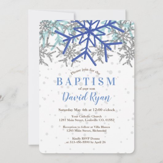 Winter Zilver Marineblauw Sneeuwvlok Doop Uitnodig Kaart (Voorkant)