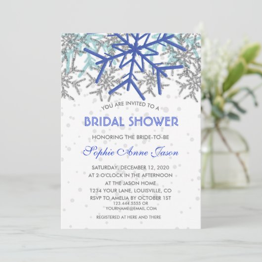 Winter Zilver Marineblauwe Sneeuwvlokken Bruiloft  Kaart (Staand voorkant)