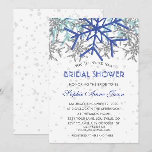 Winter Zilver Marineblauwe Sneeuwvlokken Bruiloft  Kaart (Voorkant / Achterkant)