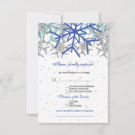 Winter Zilver Navy Blauwe Sneeuwvlokken Bruiloft RSVP Kaartje