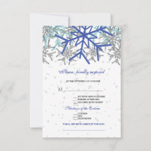 Winter Zilver Navy Blauwe Sneeuwvlokken Bruiloft RSVP Kaartje