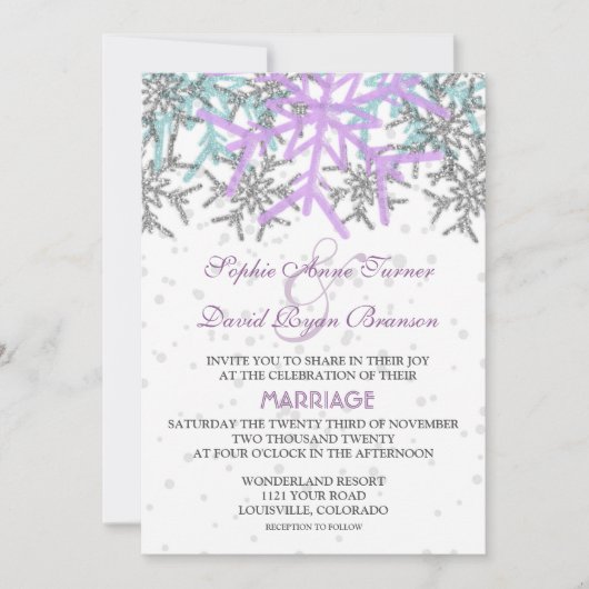 Winter Zilver Paars Blue Snowflakes Weddenschap Kaart (Voorkant)