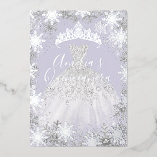 Winter Zilver Paarse Sneeuwvlok Quinceanera Folie Uitnodiging