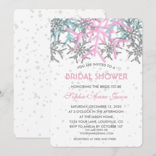 Winter Zilver Roze Blauwe Sneeuwvlokken Bruidsdouc Kaart (Voorkant / Achterkant)