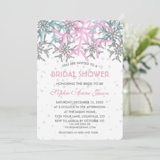 Winter Zilver Roze Blauwe Sneeuwvlokken Bruidsdouc Kaart (Staand voorkant)