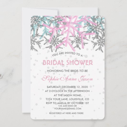 Winter Zilver Roze Blauwe Sneeuwvlokken Bruidsdouc Kaart (Voorkant)