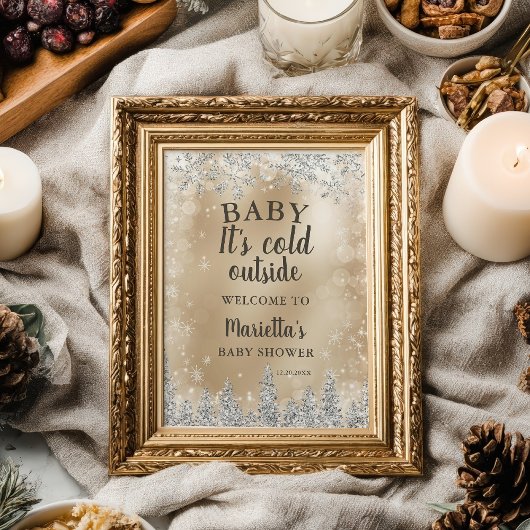 Winter zilver sneeuw dennen goud welkom baby showe poster