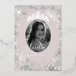 Winter Zilveren Beige Sneeuwvlok Foto Quinceanera Folie Uitnodiging