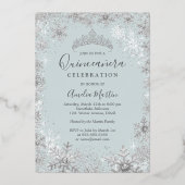 Winter Zilveren Blauwe Sneeuwvlok Quinceanera Folie Uitnodiging (Achterkant)
