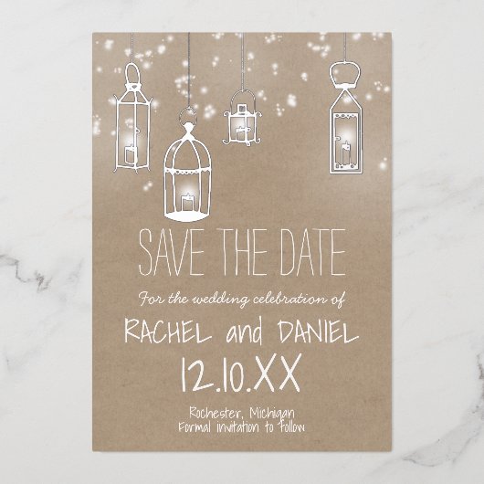 Winter zilveren lantaarns save the date kaart (Voorkant)