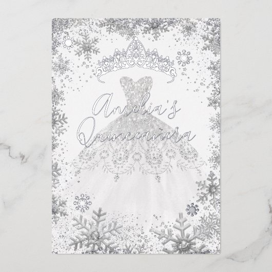 Winter Zilveren Sneeuwvlok Witte Quinceanera Folie Uitnodiging (Voorkant)