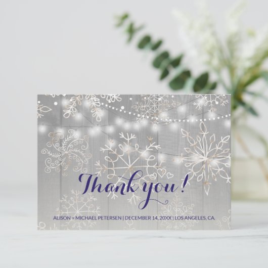 Winter Zilveren Sneeuwvlokken bruiloft | String Li Bedankkaart (Staand voorkant)