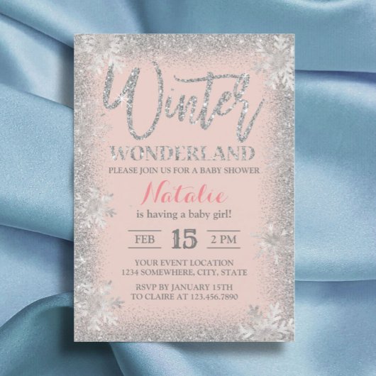 Winter Zilveren Sneeuwvlokken Roze Baby Shower Kaart