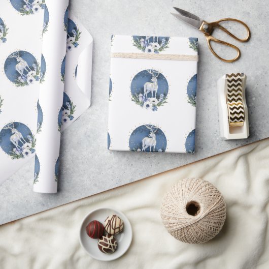 Winter zonnewende Vakantie Herten Blauw Wit Kerstm Cadeaupapier (Crafts)