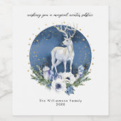 Winter zonnewende Vakantie Herten Blauw Wit Kerstm Wijn Etiket (Enkel label)