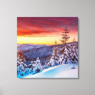 Winter Zonsondergang Bergen Scène Canvas Art Afdruk
