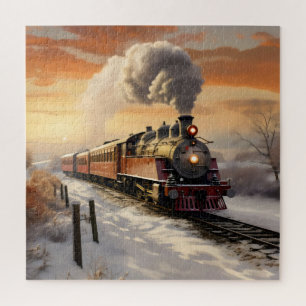 Winter zonsondergang en trein legpuzzel