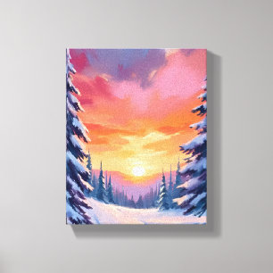 Winter Zonsondergang met Sneeuw Pastel Watercolo Canvas Afdruk