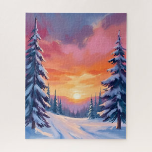 Winter Zonsondergang met Sneeuw Pastel Waterverf Legpuzzel