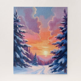 Winter Zonsondergang met Sneeuw | Watercolor Lands Legpuzzel
