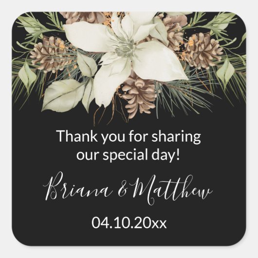 Winter Zwart Wit Elegant Script Bruiloft gunst Vierkante Sticker (Voorkant)