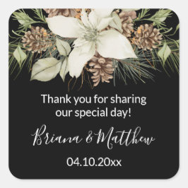 Winter Zwart Wit Elegant Script Bruiloft gunst Vierkante Sticker